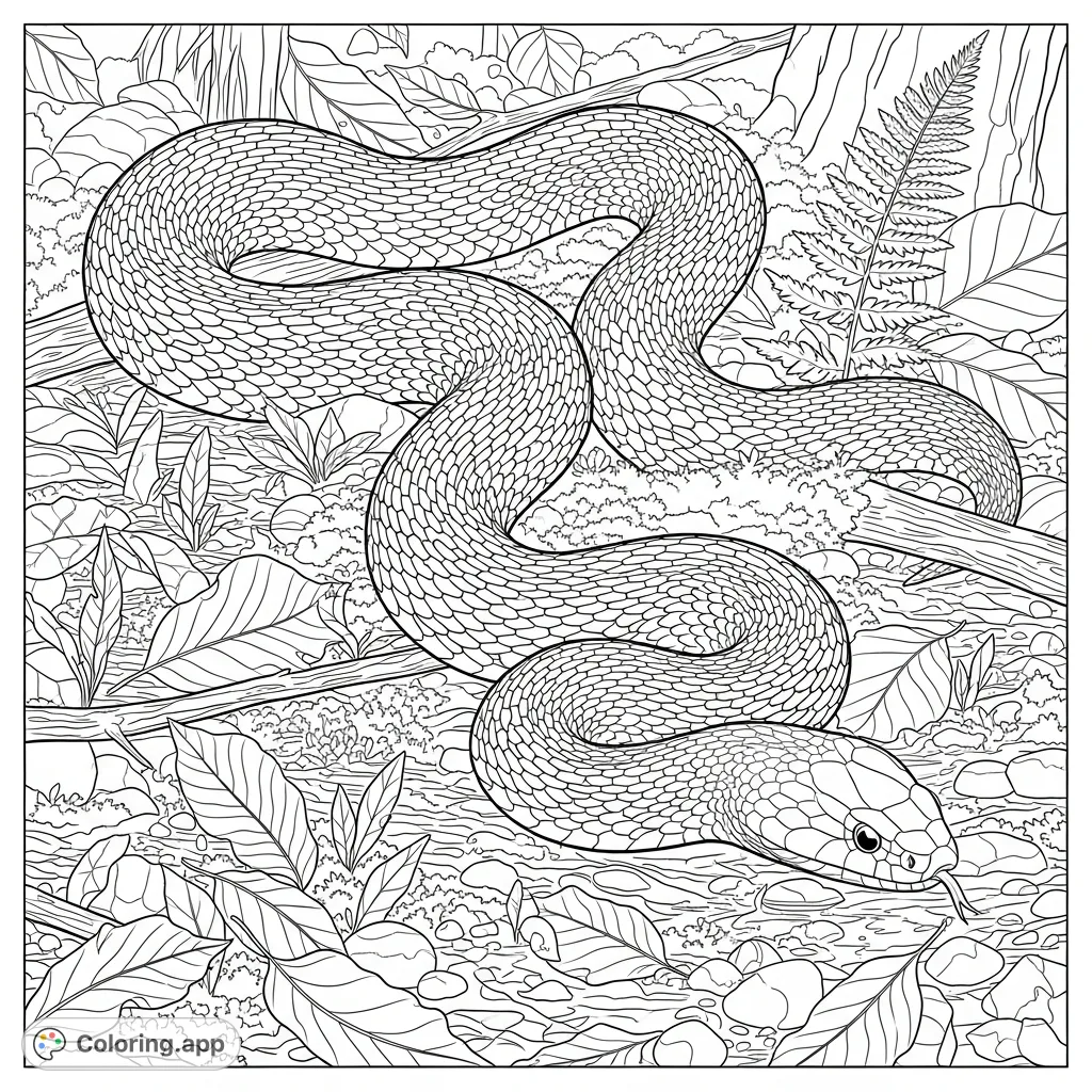 A captivating coloring page featuring a serpent gracefully slithering across a richly detailed forest floor, surrounded by fallen leaves, twigs, and moss.