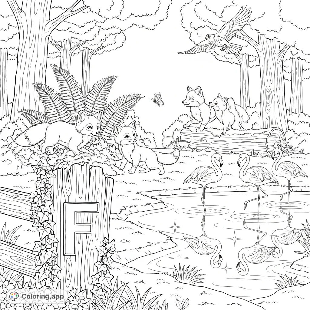 Discover a charming forest clearing coloring page with playful foxes, elegant flamingos, a soaring falcon, and a hidden letter 'F'.