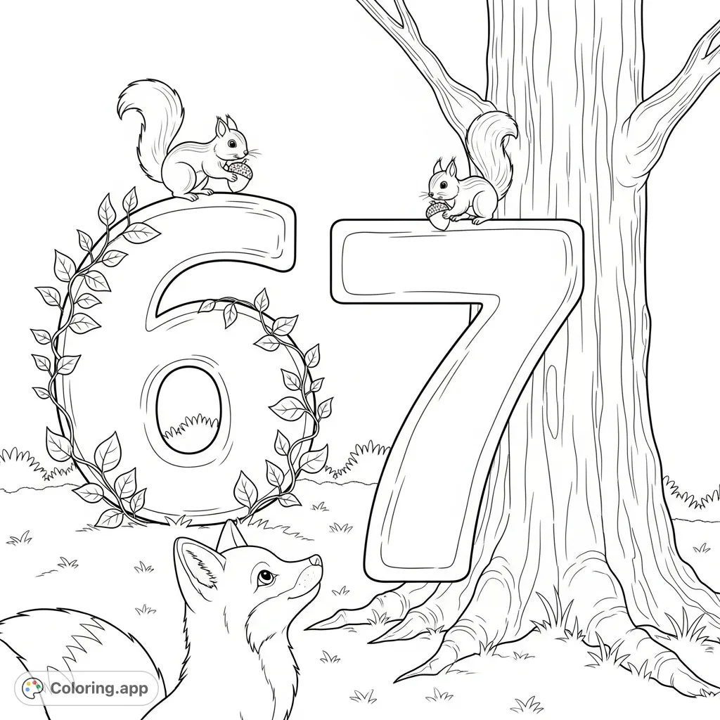 A lively forest scene with a playful fox and two curious squirrels exploring gigantic numbers '6' and '7' amidst leafy vines and an ancient oak tree.