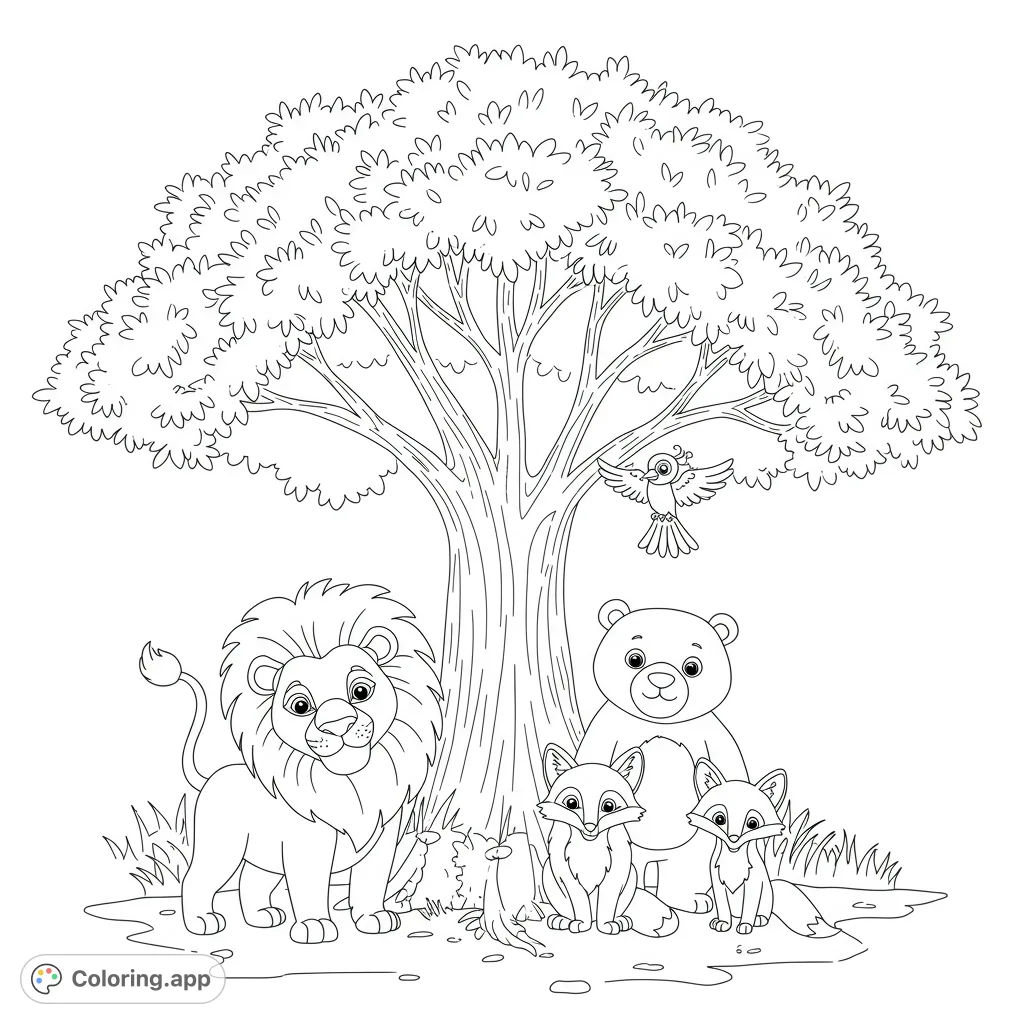 A delightful forest scene with a friendly lion, bear, two foxes, squirrel, and bird gathered under a large, leafy tree. Perfect for animal lovers!