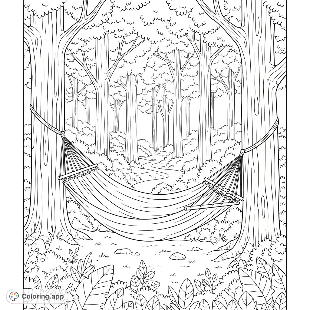 A tranquil forest scene featuring a gently swaying hammock strung between two trees, inviting a peaceful escape into nature's embrace.