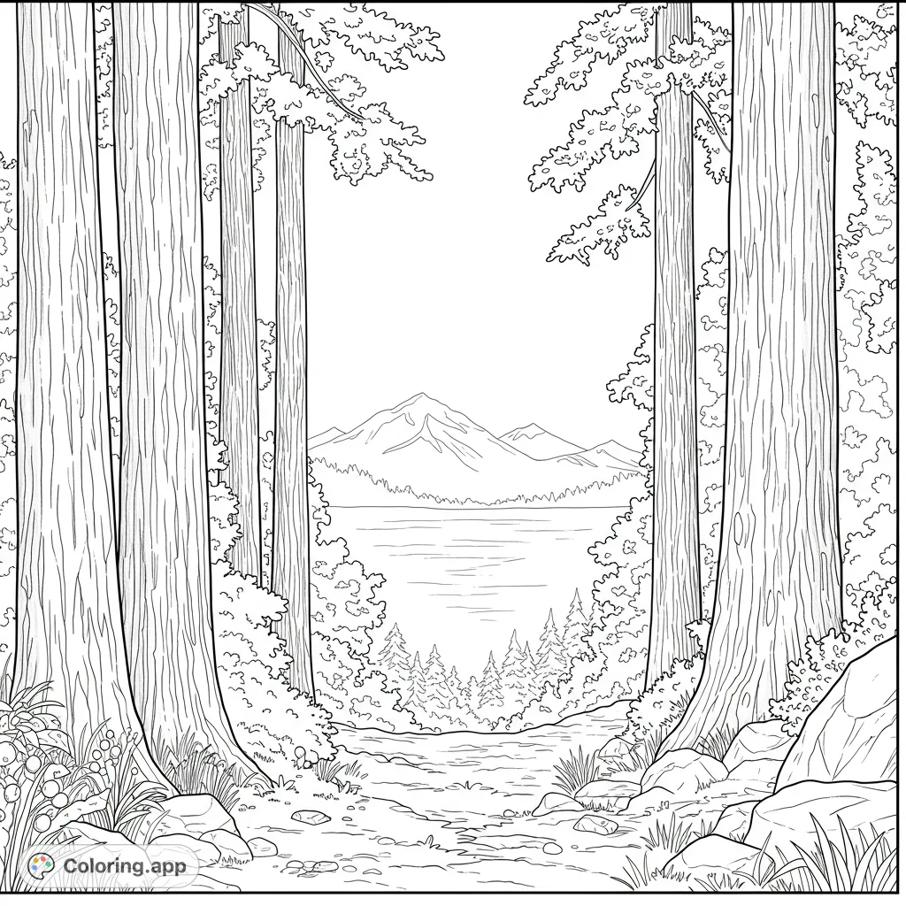 Discover a serene forest path leading to a tranquil lake and majestic mountains. A beautiful nature scene for peaceful coloring and relaxation.