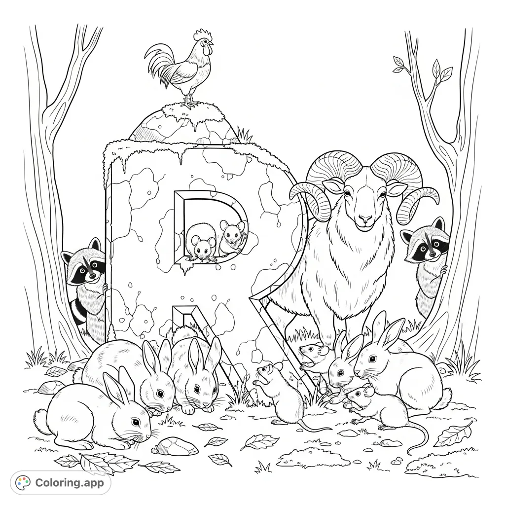 Discover a charming letter 'R' coloring page set in a forest, surrounded by rabbits, a ram, raccoon, rats, and a rooster. A delightful animal alphabet adventure!