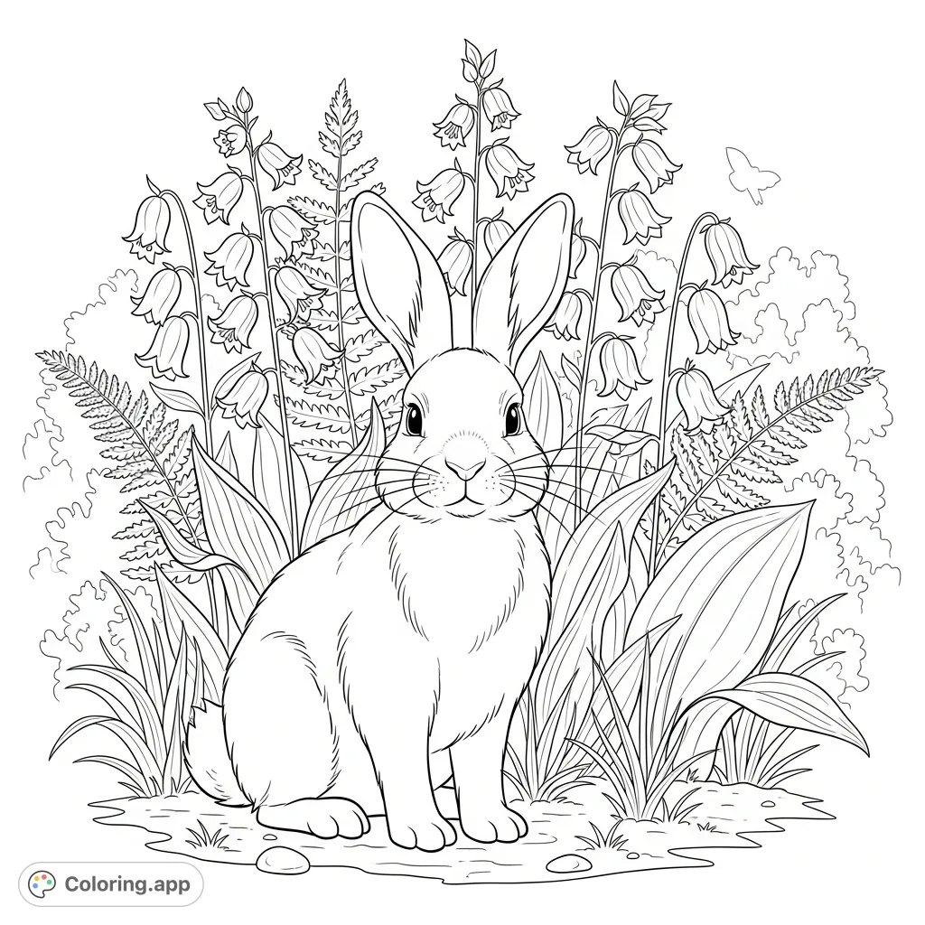 A charming rabbit with long ears and a gentle expression rests amidst a vibrant collection of tall forest wildflowers, inviting a peaceful coloring experience.