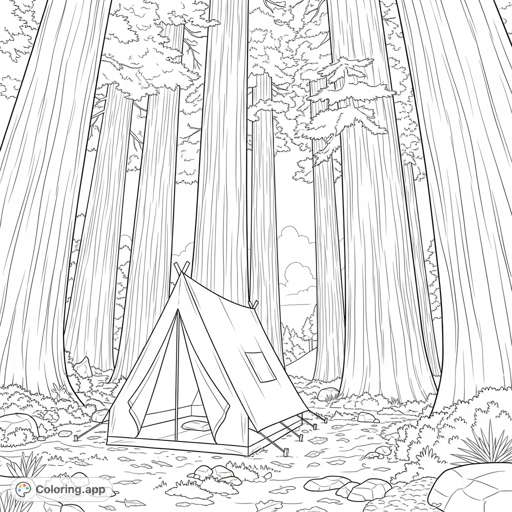 A detailed coloring page featuring a cozy tent nestled beneath magnificent, towering redwood or fir trees, emphasizing the grand scale of the forest.