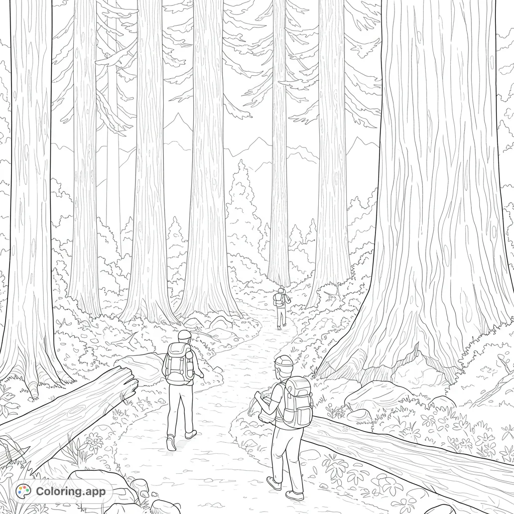 Explore a serene forest trail with hikers amidst towering trees and lush undergrowth. A detailed nature coloring page for a relaxing adventure.