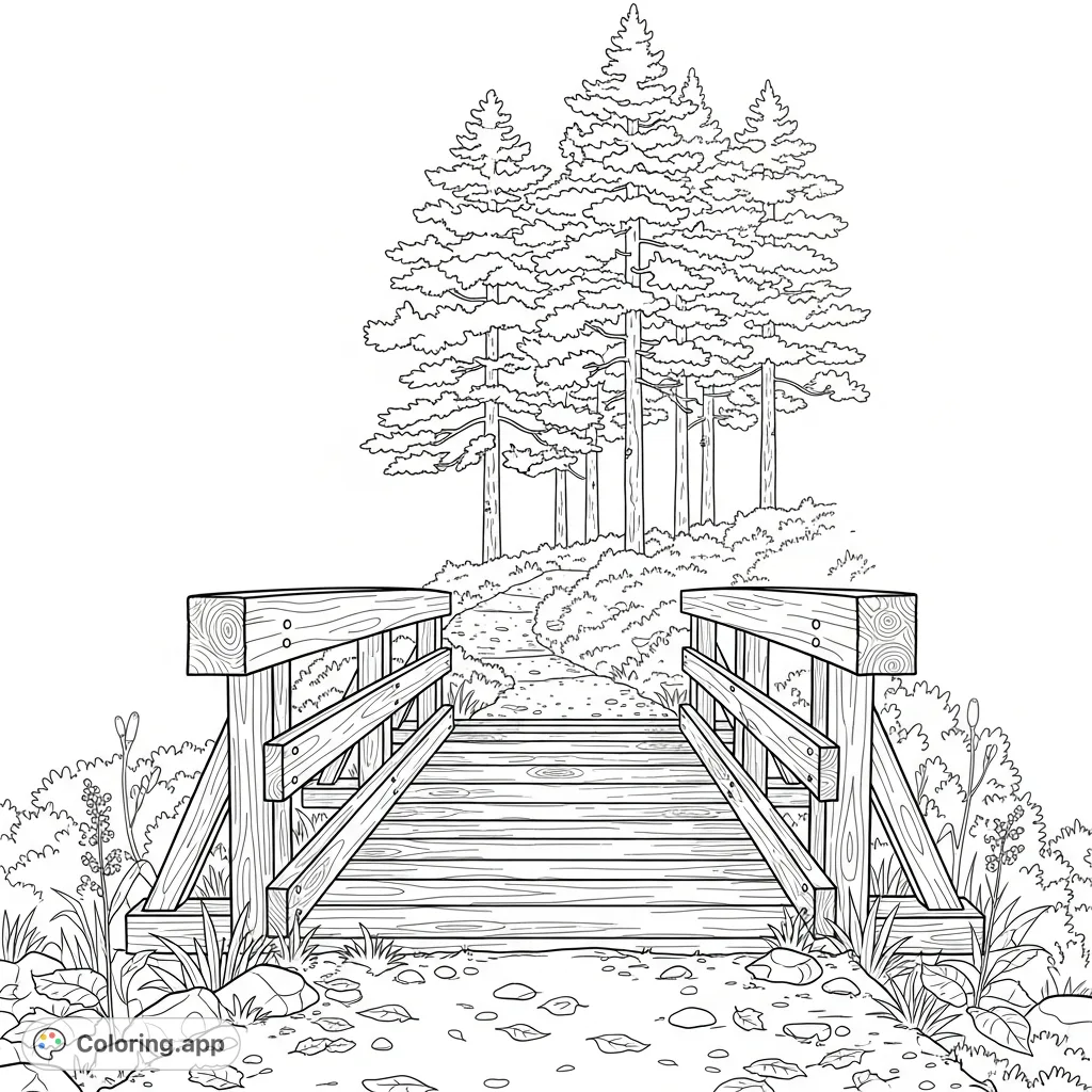 A tranquil coloring page featuring a sturdy wooden beam bridge over a forest trail, flanked by towering pine trees and lush ground cover, perfect for nature lovers.