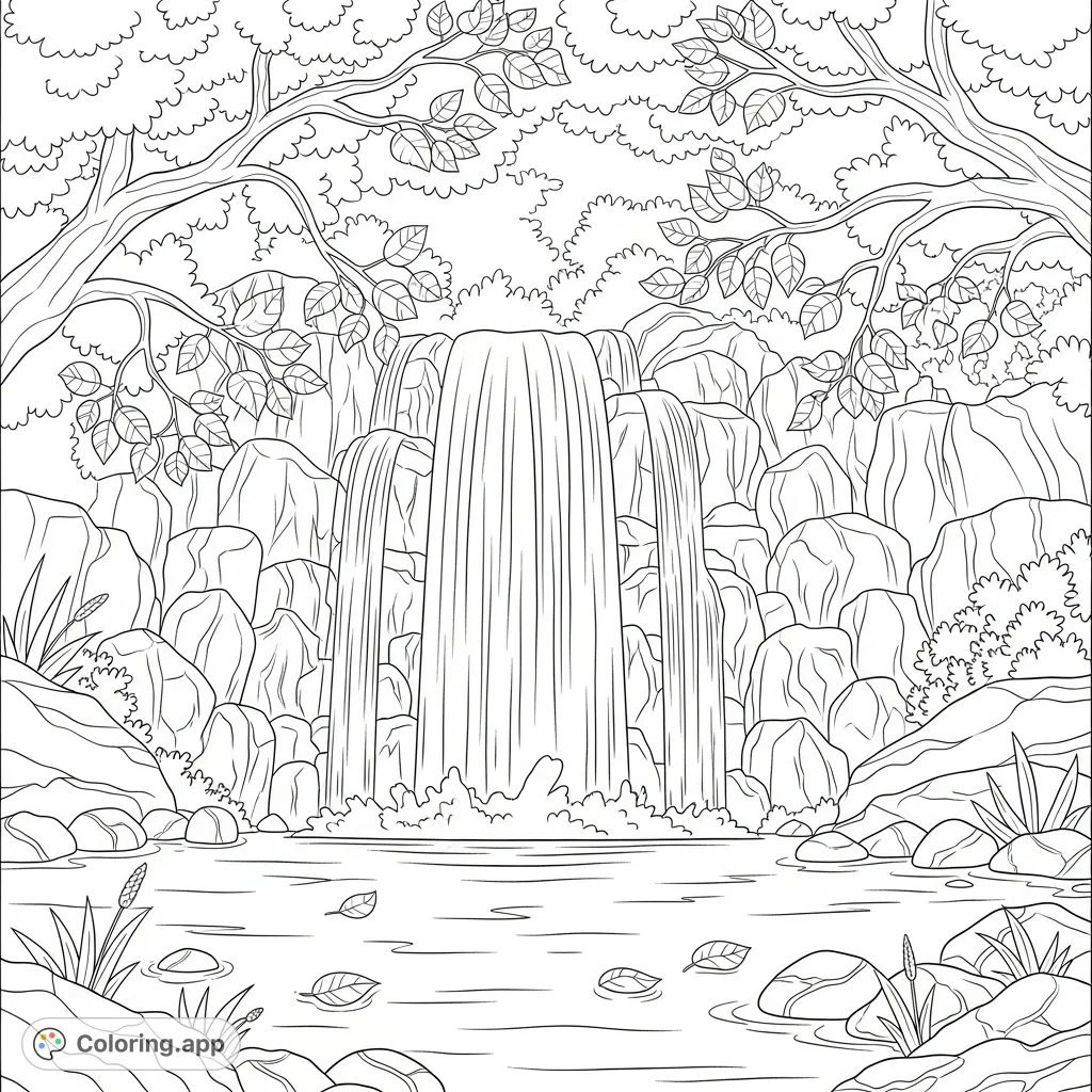 A serene forest scene featuring a cascading waterfall plunging into a tranquil pool, framed by lush overhanging branches and a dense leaf canopy.