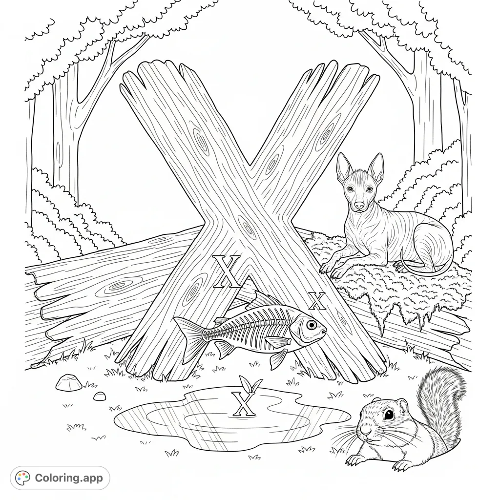 Discover an X-themed forest scene with unique animals! A capital X made of logs, an X-ray fish, a curious Xerus, and a resting Xoloitzcuintli await your artistic touch.