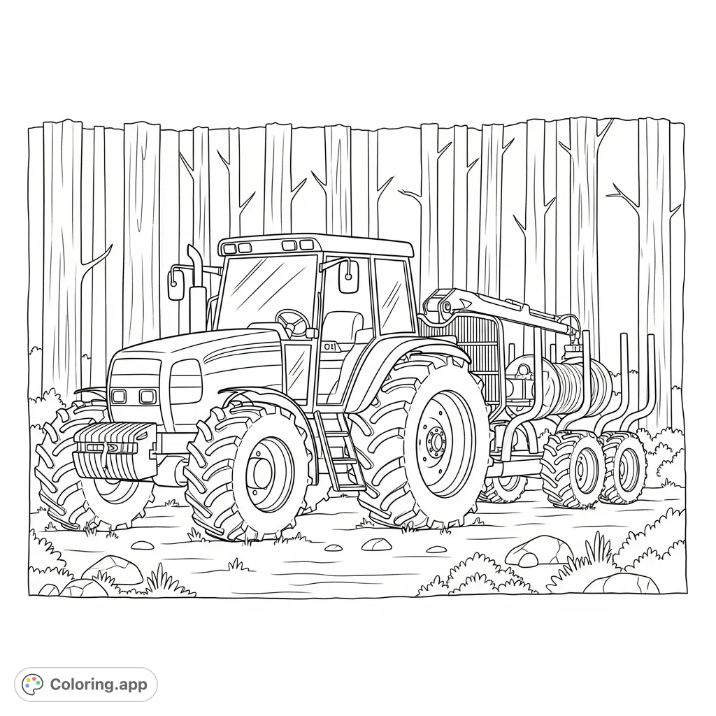 A detailed coloring page featuring a robust tractor with a forestry winch, positioned in a woodland clearing with simplified trees and ground cover.
