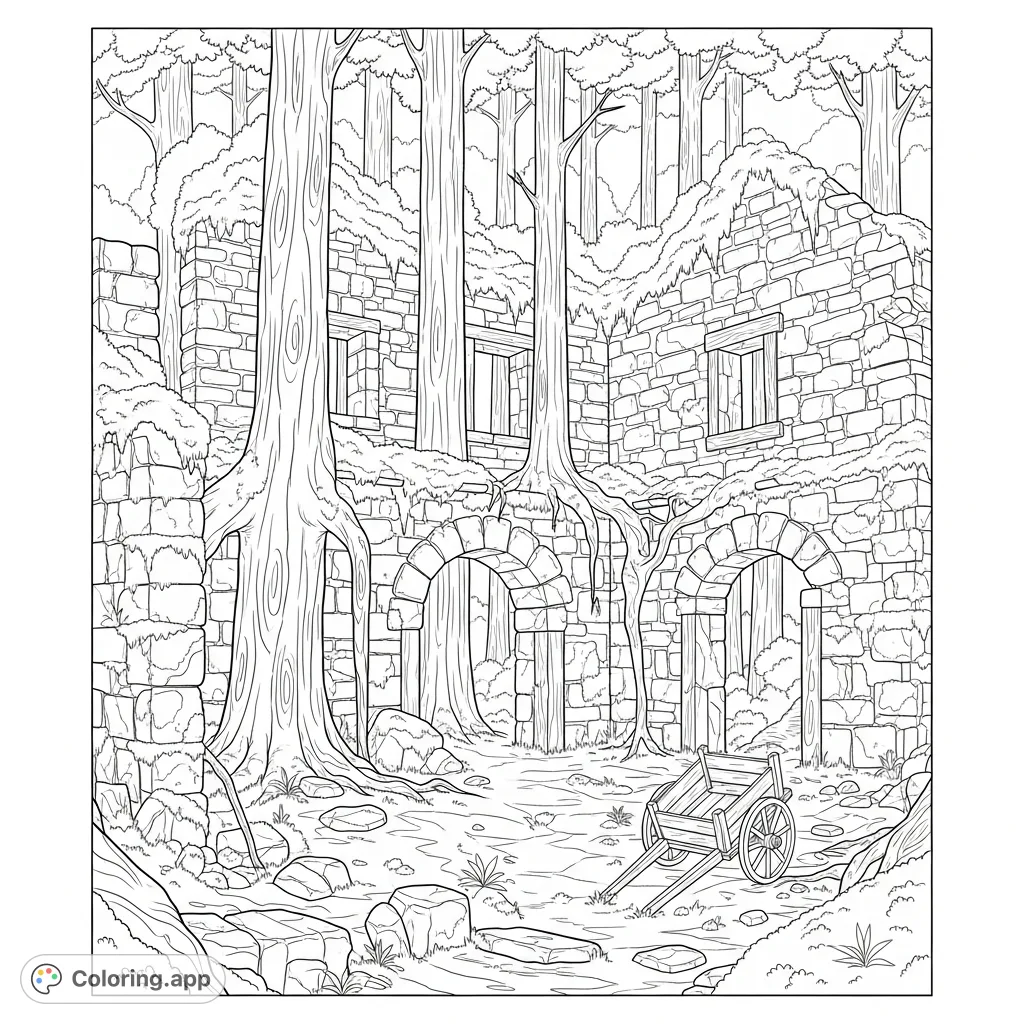 Discover a lost world with this ancient village ruins coloring page, where nature reclaims stone foundations, moss-covered walls, and towering trees.