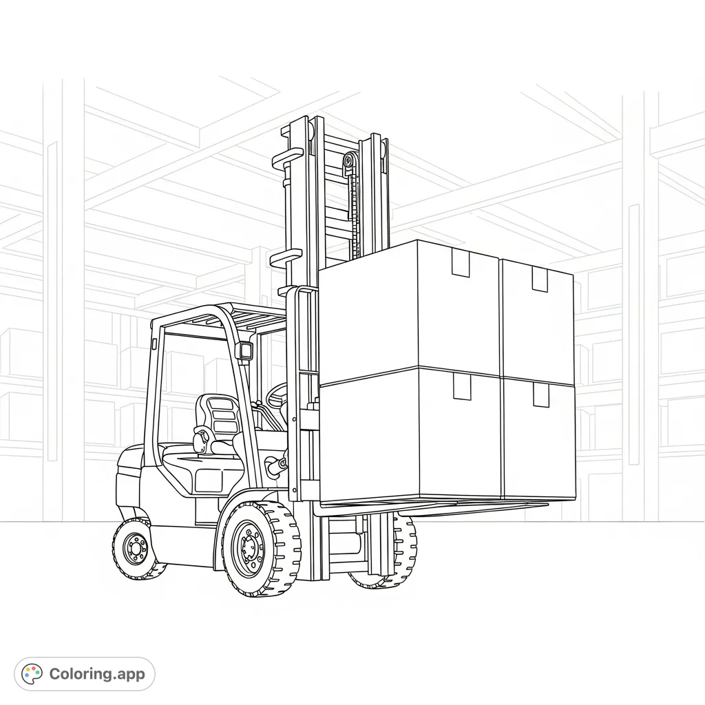 A detailed coloring page featuring a powerful forklift lifting stacked boxes in a spacious warehouse setting, perfect for industrial themes.