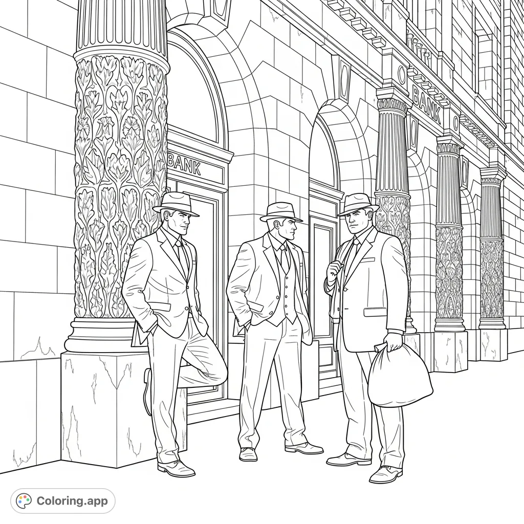 Color a captivating scene featuring three formidable men in tailored suits and fedoras outside a grand stone bank. A detailed and intriguing image.