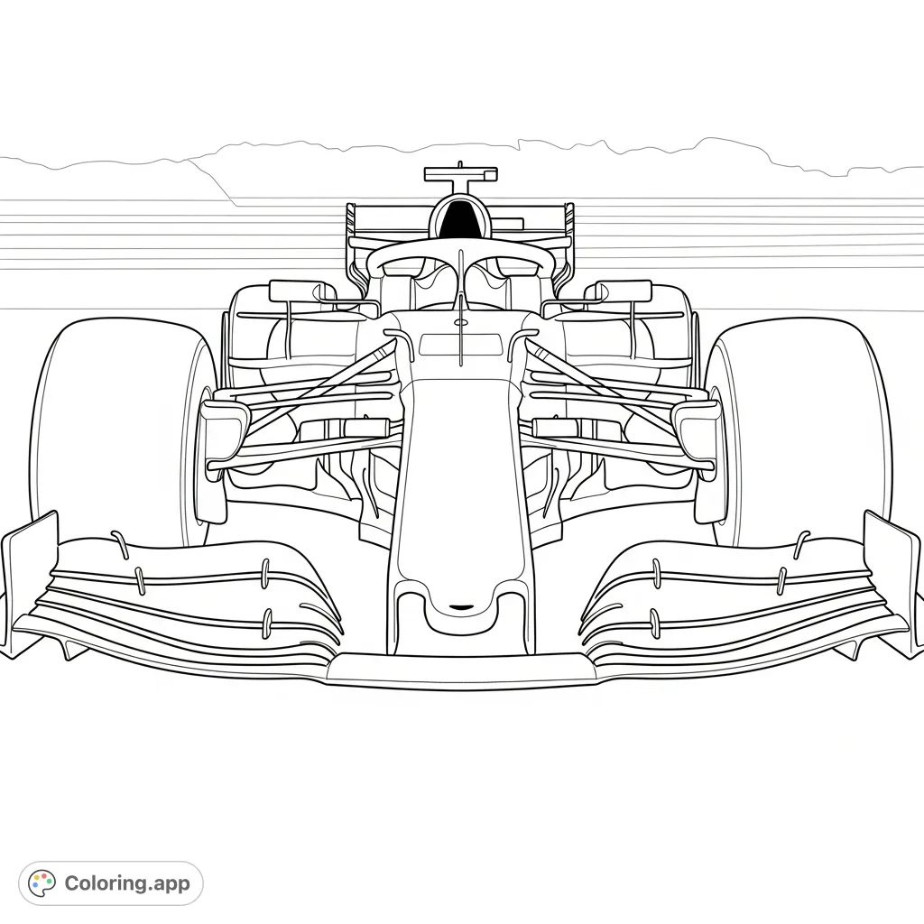 A thrilling close-up of a Formula 1 car's nose cone and intricately designed front wing, simplified for an engaging coloring experience.