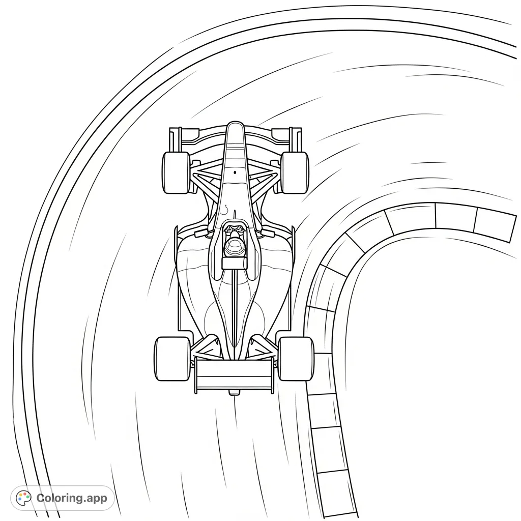 Experience the thrill of racing with this detailed Formula 1 car coloring page. A top-down view captures an F1 car mid-hairpin turn on a simplified track.