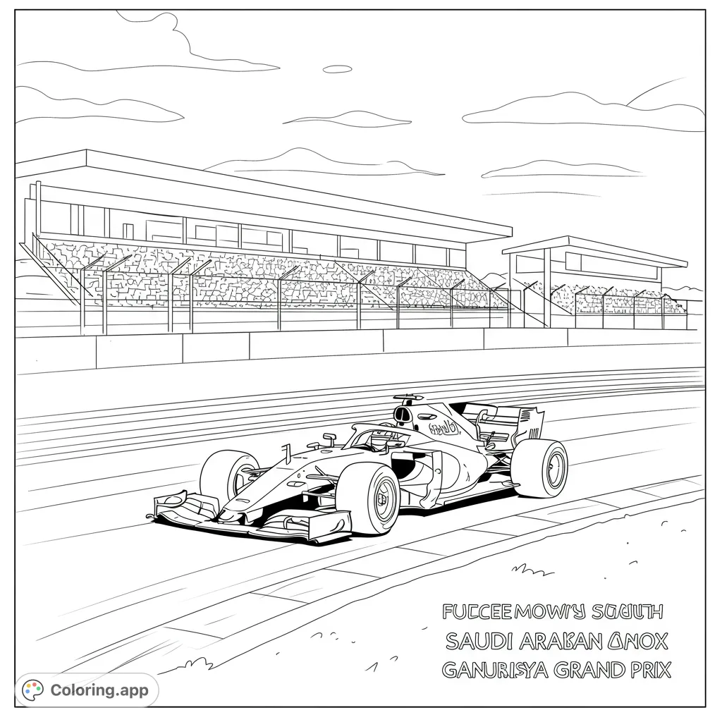 Dynamic Formula 1 race car speeds past grandstands, perfect for speed enthusiasts. A thrilling racing coloring page for all ages.