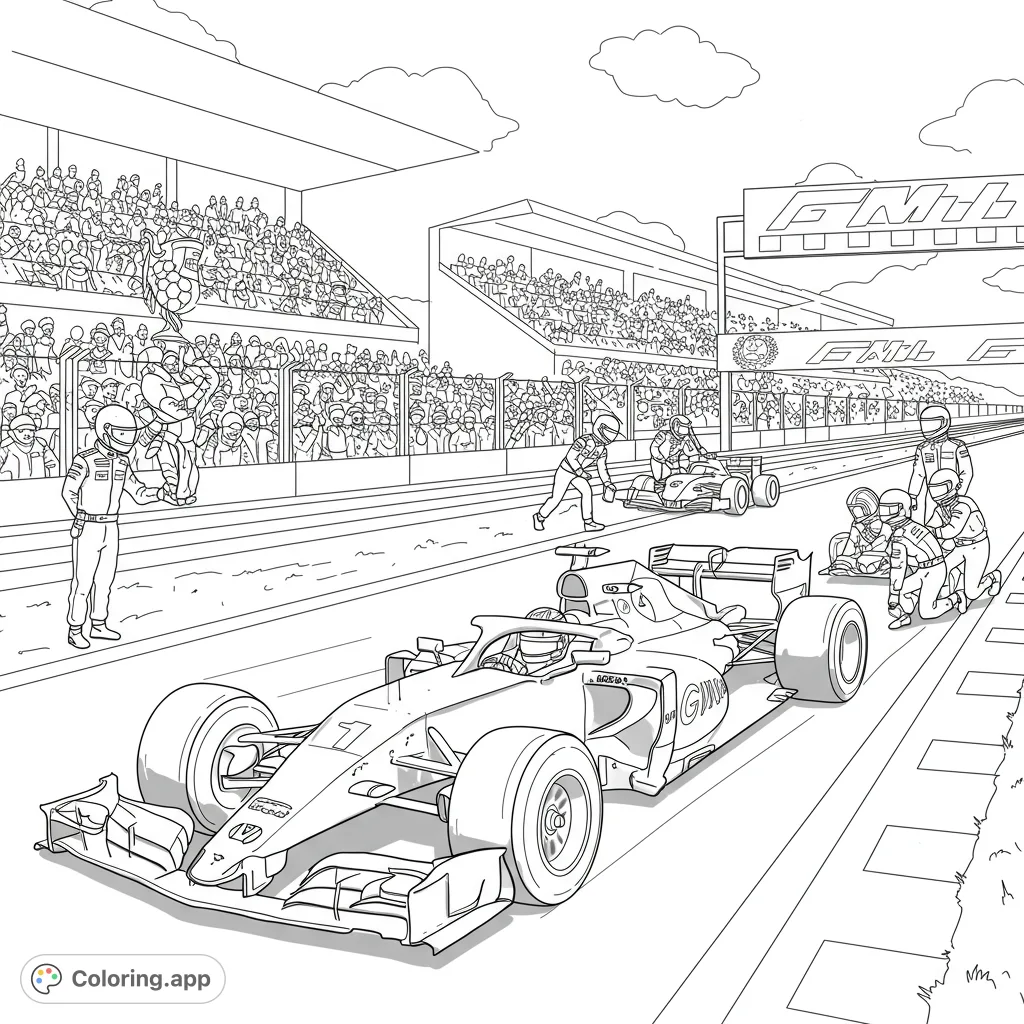 Experience the thrill of a Formula 1 race day with this dynamic F1 racing coloring page, featuring detailed cars, pit crew, and cheering crowds.