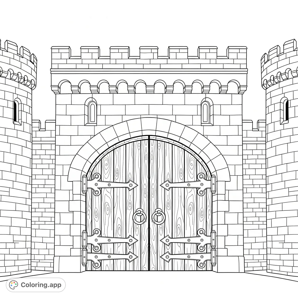 An imposing castle gate with heavy wooden doors, intricate iron hinges, and detailed battlements, inviting a journey back to medieval times.
