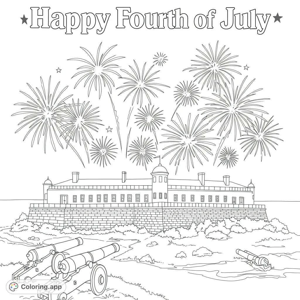 A patriotic Fourth of July coloring page featuring a historic fort, cannons, and a spectacular fireworks display. Free printable for all ages.