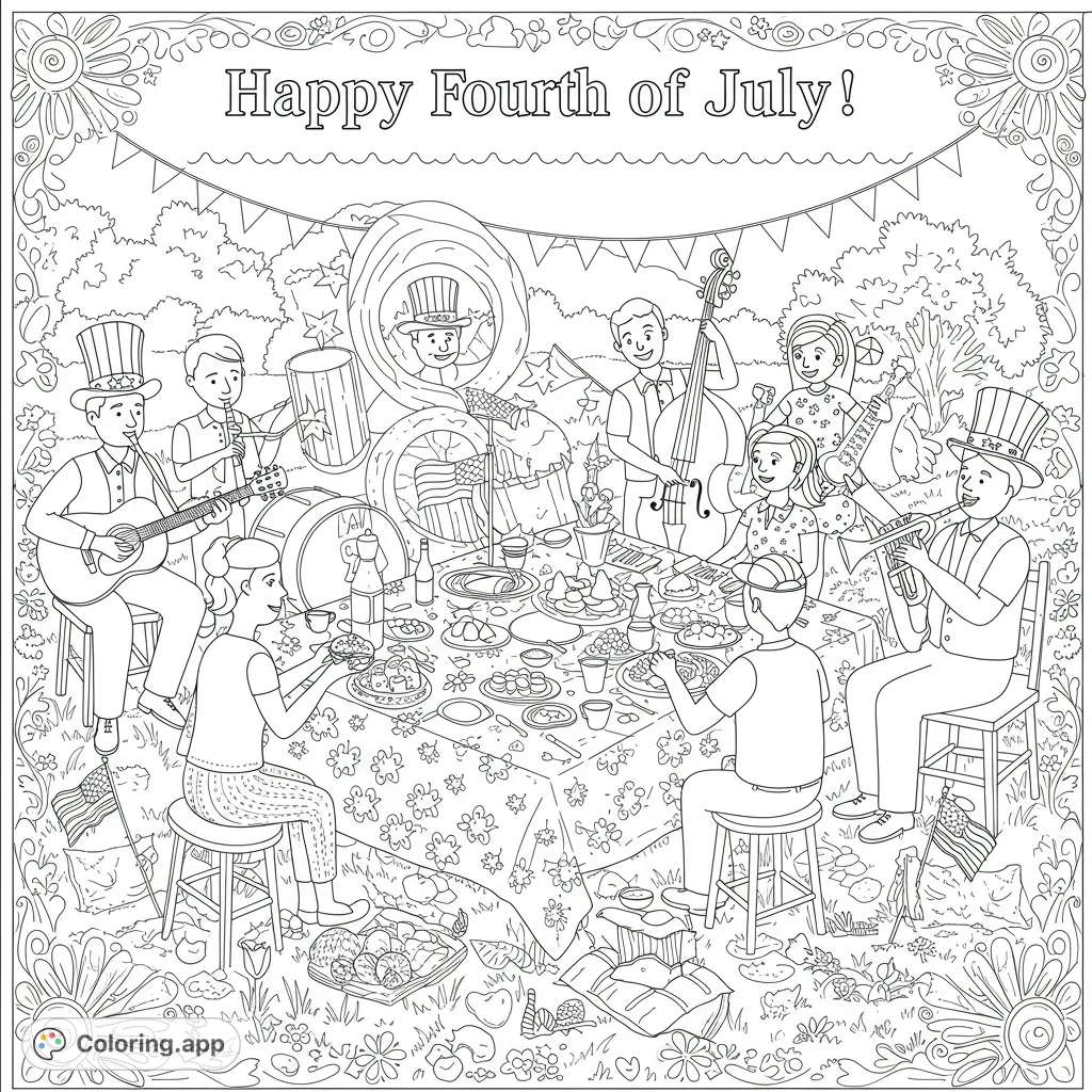 Celebrate with this detailed Fourth of July picnic coloring page, featuring a lively band, festive food, and patriotic decorations for all ages.