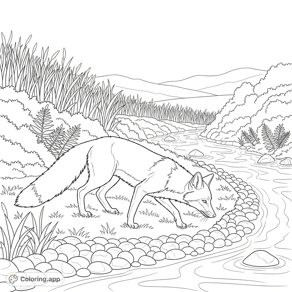 A graceful fox explores a serene stream bank amidst pebbles, grasses, and distant rolling hills. A peaceful nature scene for all ages to color.
