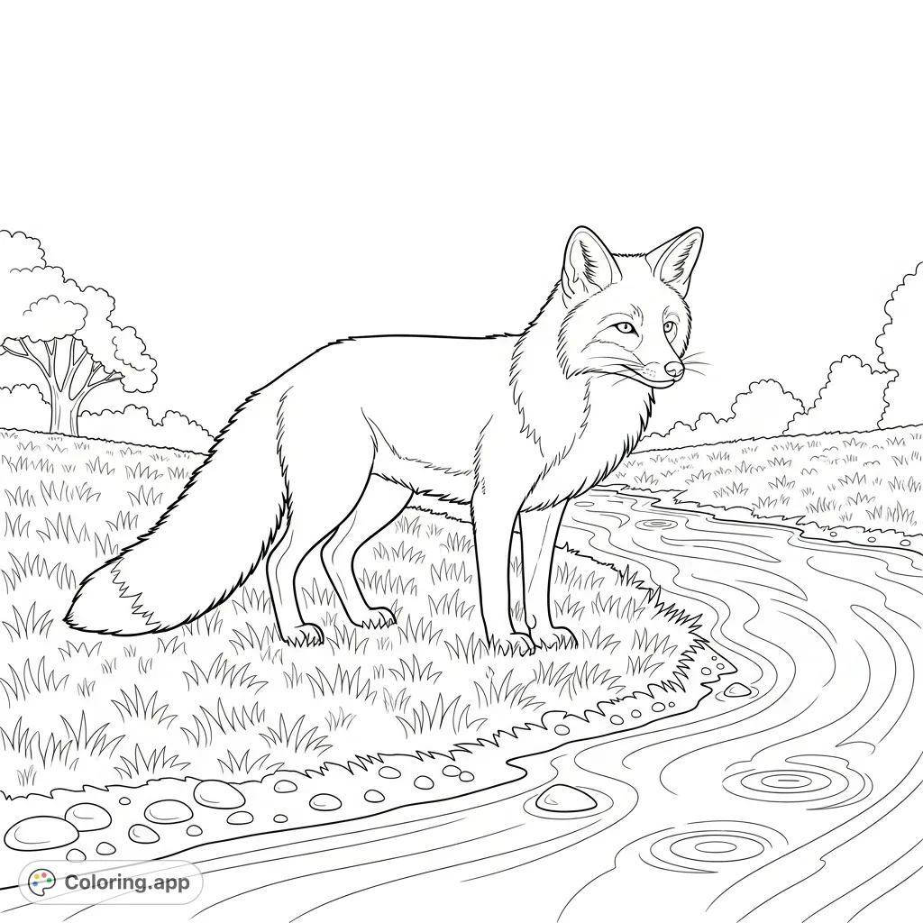 A watchful fox stands on a grassy stream bank, its bushy tail held high. Simple curved ripples on the water's surface suggest gentle movement, with distant trees framing the peaceful scene.