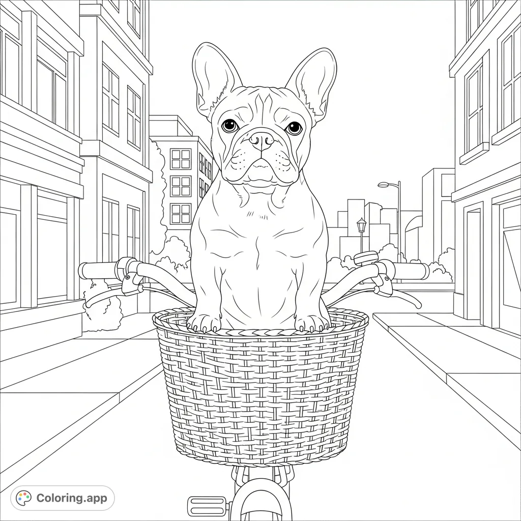 A delightful French bulldog rides in a bicycle basket through a peaceful city street. Perfect for animal lovers and urban scene enthusiasts.