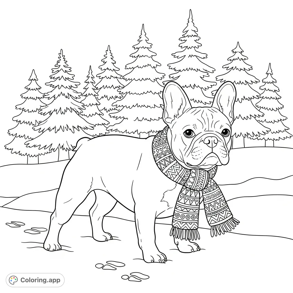 An adorable French bulldog, cozy in its patterned scarf, enjoys a peaceful winter walk along a snow-covered path bordered by majestic pine trees.