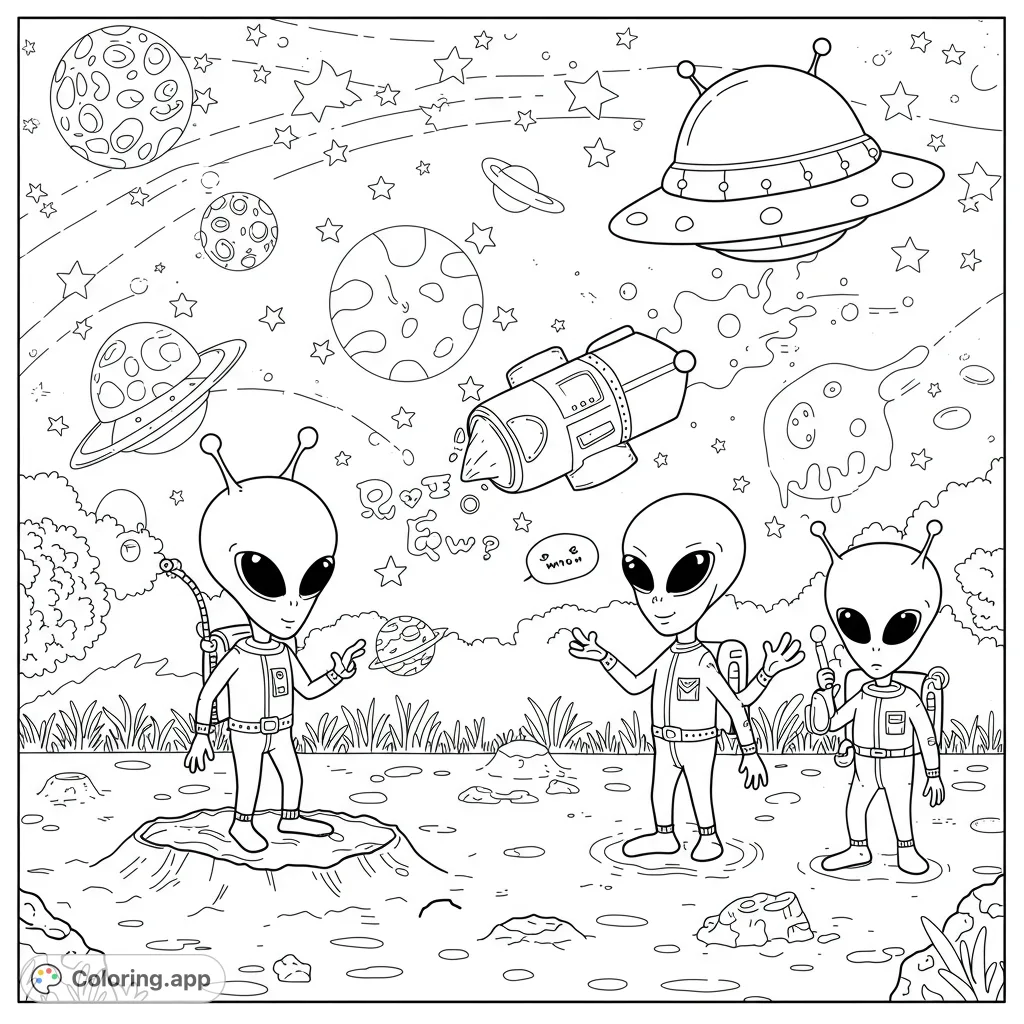 Explore an exciting alien encounter! Three friendly aliens on an alien planet with spaceships, planets, and stars. A fun, free printable space coloring page.