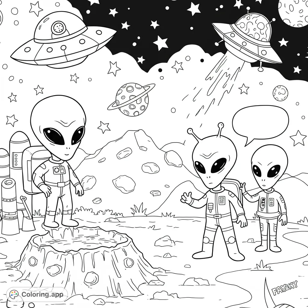 Explore an alien planet with friendly extraterrestrials and flying saucers. A fun, free printable space adventure coloring page for kids and adults.