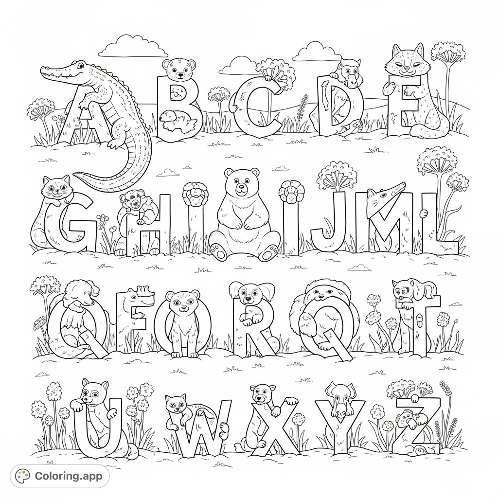 Explore the alphabet with a delightful animal companion for each letter, from A to Z, in a charming, sunny field setting. A fun, educational coloring page for kids!