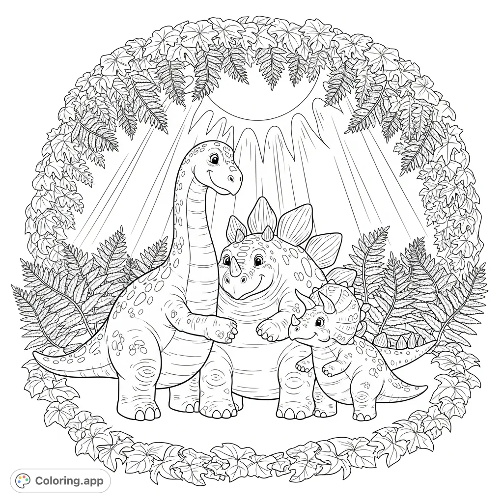 Discover a heartwarming dinosaur coloring page! Three plump, friendly dinosaurs, a brontosaurus, stegosaurus, and triceratops, share a gentle embrace amidst ferns. Perfect for a free printable coloring page.
