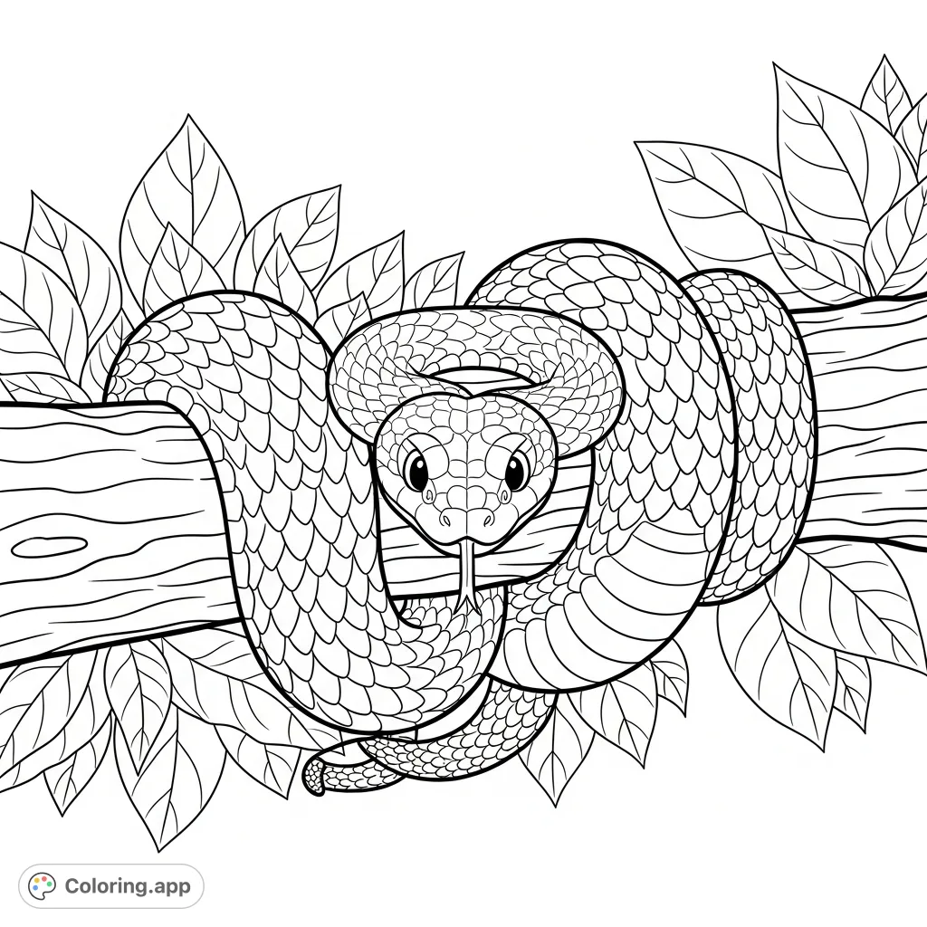 A charming snake with friendly eyes cozily coiled around a branch, surrounded by lush leaves. Perfect for nature lovers and a delightful coloring experience.
