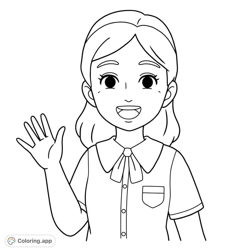 A cheerful girl waves hello in this delightful coloring page. Perfect for kids, featuring a friendly face and simple details for easy, fun coloring.