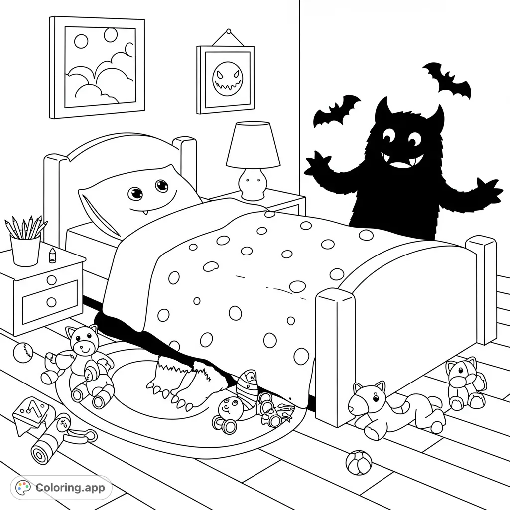 A playful bedroom scene with a friendly monster, a smiling pillow, and scattered toys, perfect for a fun coloring adventure.