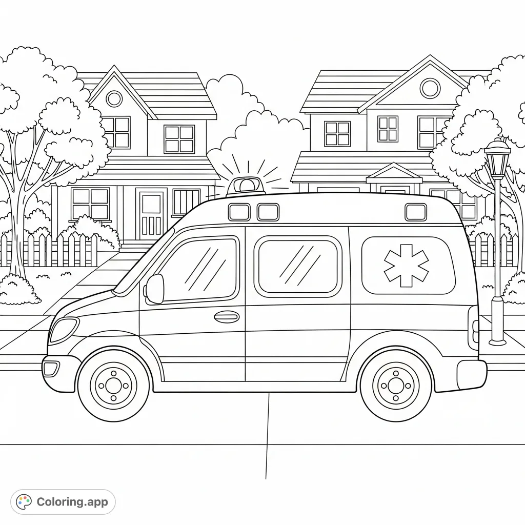 A charming, rounded pediatric ambulance is parked in a welcoming suburban neighborhood, complete with houses, trees, and a lamppost, ready for coloring.