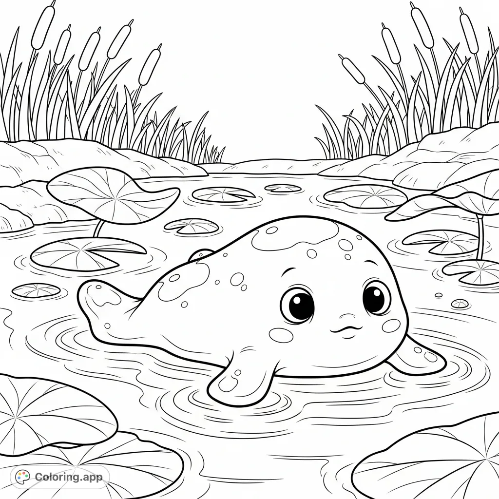 Discover a charming gelatinous creature gently jiggling in a calm pond, surrounded by oversized lily pads and bouncy reeds. A delightful scene for coloring!