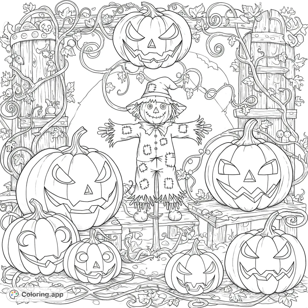 A charming Halloween coloring page featuring a friendly scarecrow surrounded by various spooky jack-o'-lanterns and autumn vines. Free printable coloring page for kids and adults.