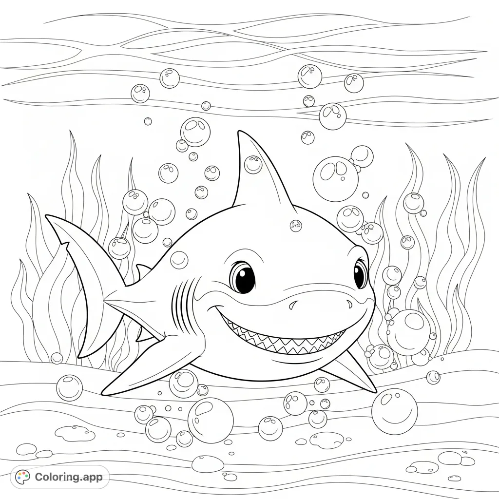 Dive into an oceanic journey with a happy shark! This delightful coloring page features a friendly shark amidst a playful swirl of bubbles and gentle seaweed.