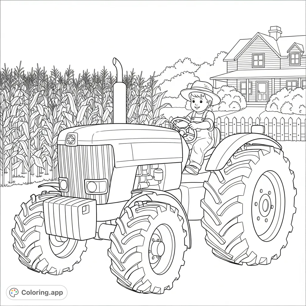 A delightful farm scene featuring a friendly tractor with a child at the wheel, set against a backdrop of tall corn, a charming farmhouse, and a picket fence.