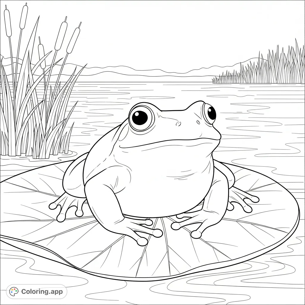 A charming coloring page featuring a chubby frog resting peacefully on a broad leaf amidst a calm pond with reeds. Perfect for nature lovers!