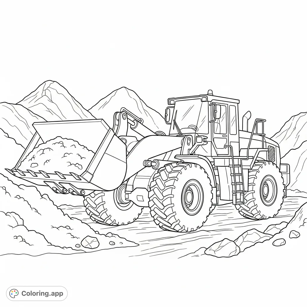 Color a powerful front loader actively scooping dirt at a busy construction site. Engage in a detailed scene of heavy machinery in action.