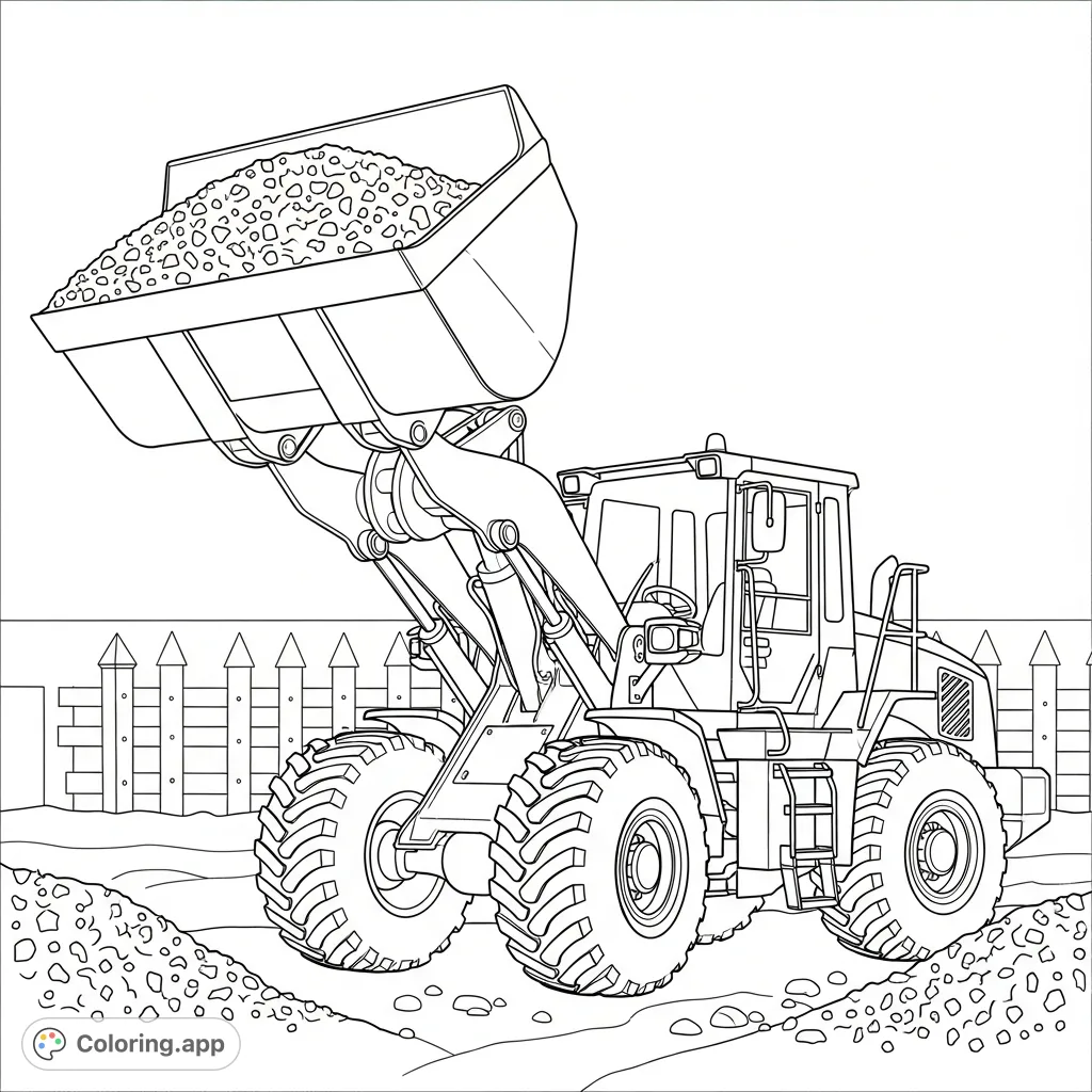 A detailed coloring page featuring a powerful wheeled front loader, its bucket brimming with gravel, set against a simplified construction fence.