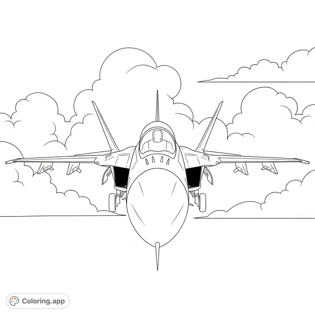 Color a dynamic fighter jet in a powerful front view, featuring its pointed nose, angled wings, and simplified cloud backdrop. Perfect for aviation enthusiasts!
