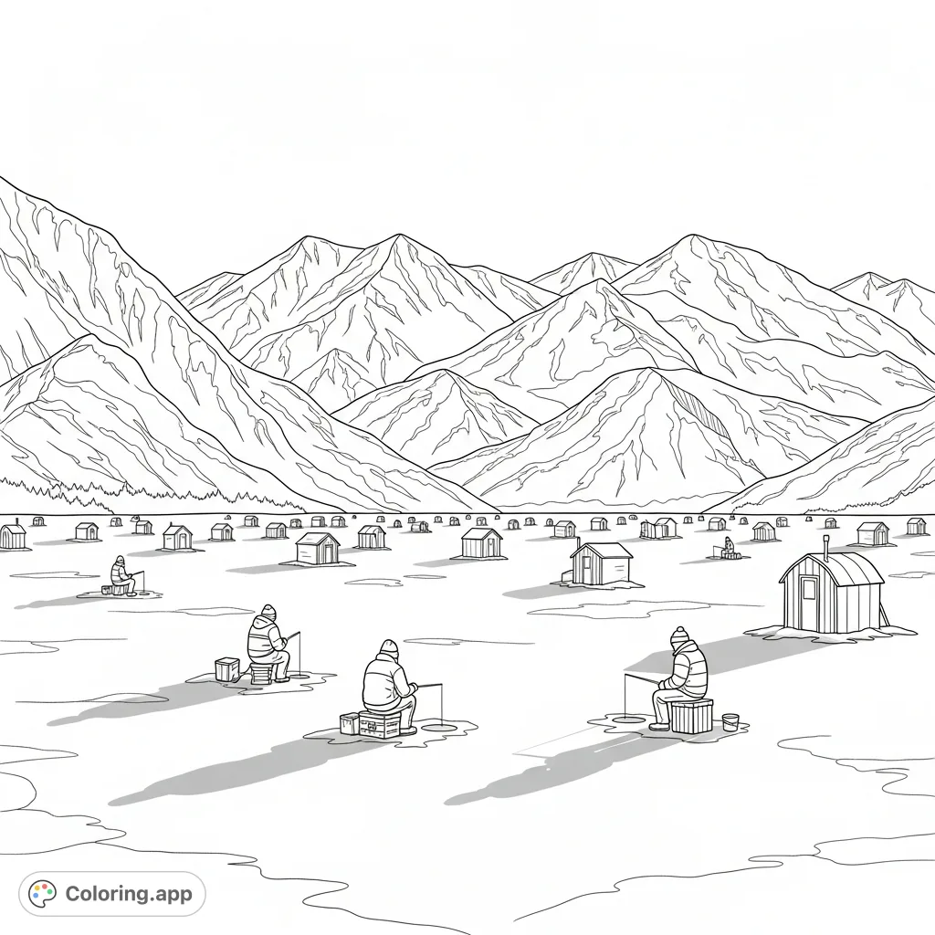 Explore a serene winter landscape with ice fishing shacks, bundled figures, and majestic snow-capped peaks. A challenging and rewarding coloring page.