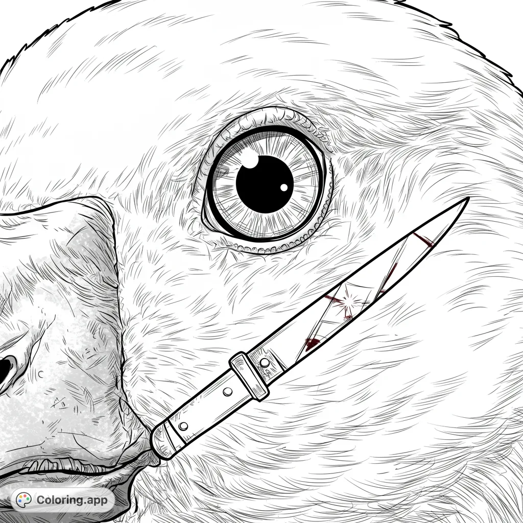 A striking close-up of a furry creature's eye and snout, holding a detailed knife with intricate markings. A unique and edgy coloring challenge.