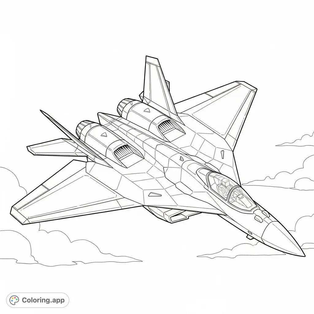 Soar into the future with this sleek concept fighter jet. Featuring angular surfaces and prominent intakes, it's ready for your creative touch and detailed coloring.