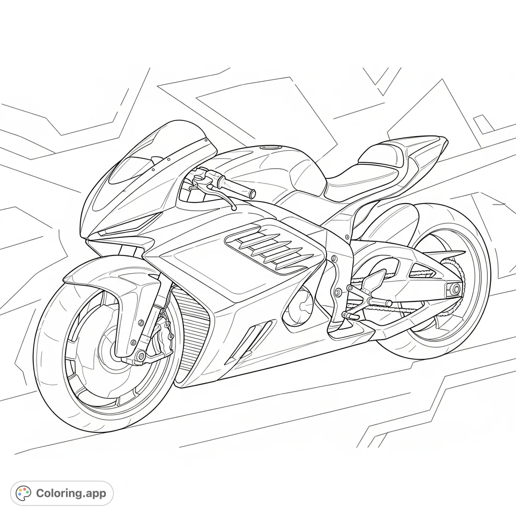 Unleash your creativity on this futuristic sportbike coloring page! Features angular body panels, enclosed wheels, and a dynamic, sleek design.
