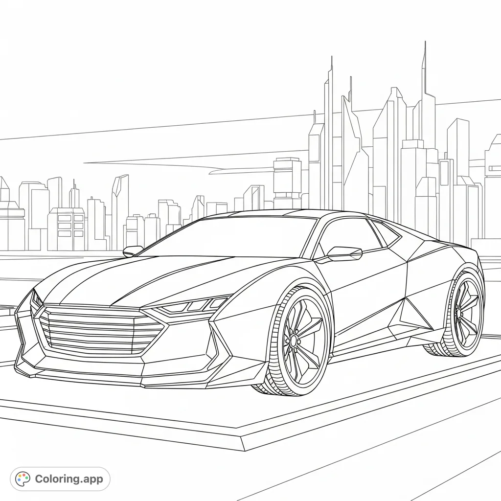 Experience a sleek, angular futuristic vehicle design with bold outlines, set against a high-tech cityscape. Perfect for sci-fi enthusiasts.