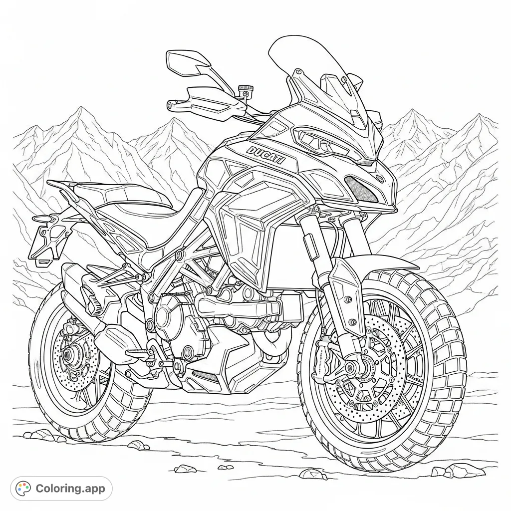 Embark on a thrilling journey with this futuristic Ducati Multistrada concept. Intricate armor-like fairings and rugged mountainous terrain await your creative touch.